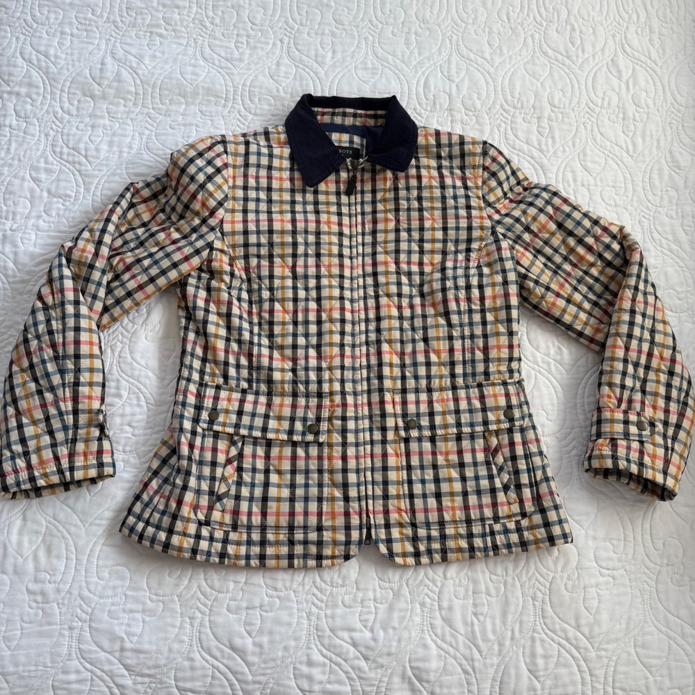 Talbots Classic Quilted Barn Jacket Plaid Corduroy Collar Navy Tan Womens MP EUC